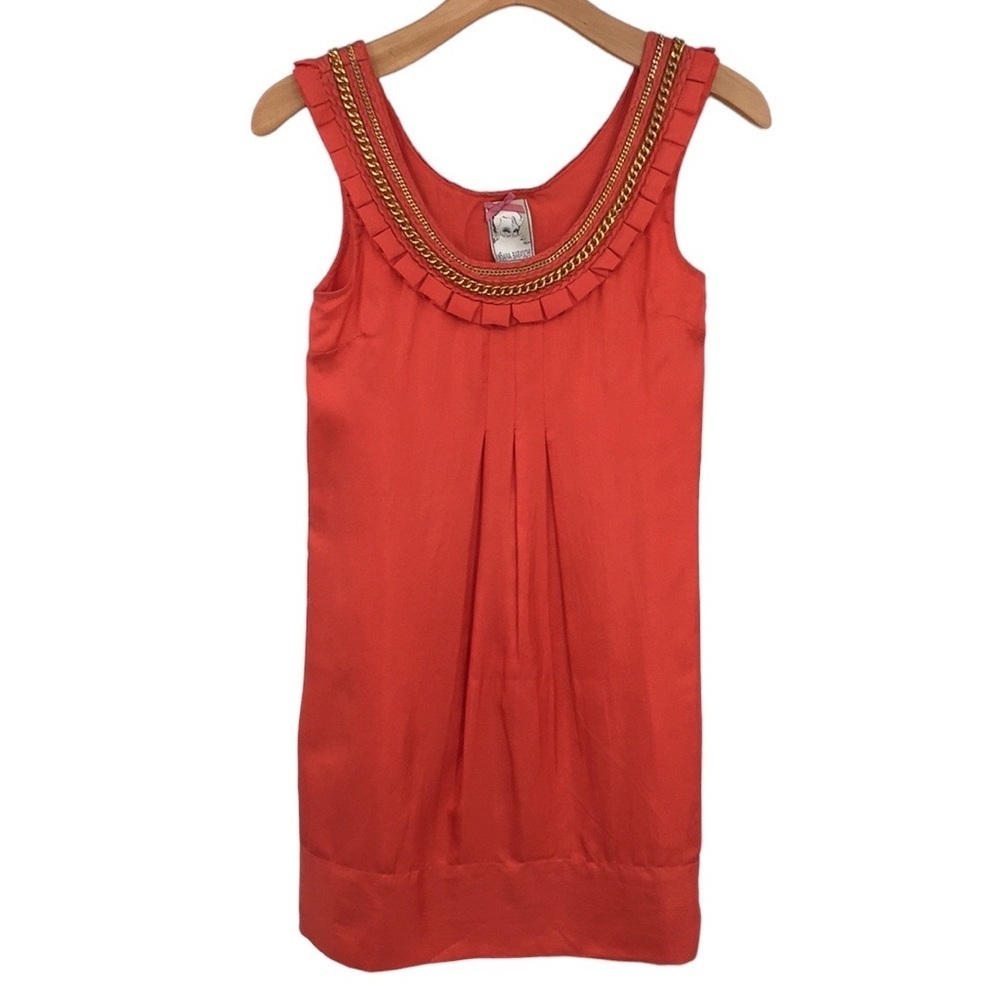 Yoana Baraschi Shift Dress Womens XS Orange Silk Gold Chain Pleated‎ Cleopatra